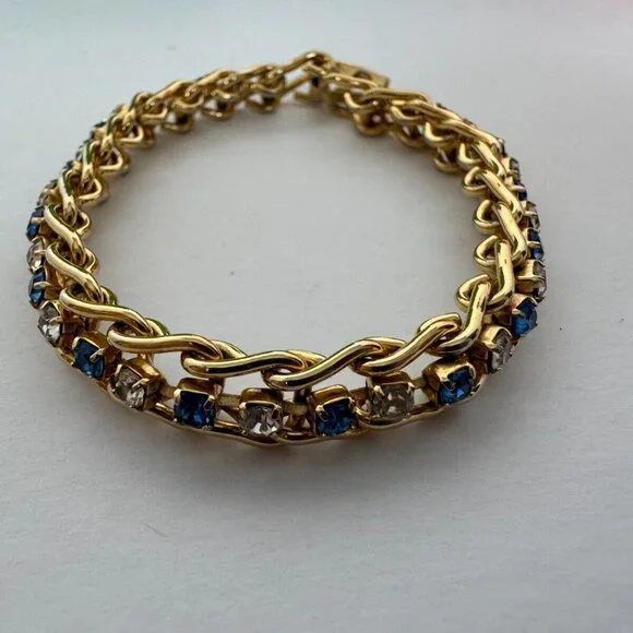 Blue White Rhinestones Tennis Bracelet Gold-Tone Fashion Jewelry - Picture 4 of 10